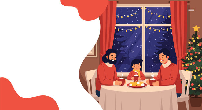 Loving family gathers around a festive dinner table near a Christmas tree and a snowy window to enjoy holiday celebrations together.