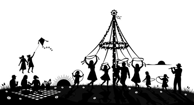 Black silhouette people dancing, maypole celebration, festive scene, vector illustration isolated on White Background