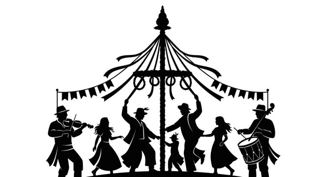 Traditional folk dance, merry-go-round silhouette, black icon, festive celebration, vector illustration