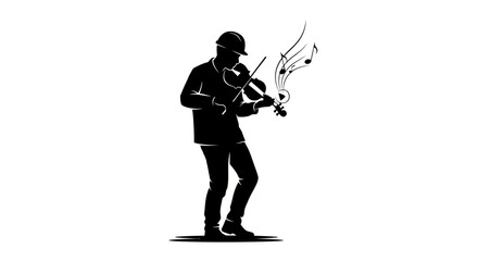 Naklejka premium Music, Violin, Silhouette, Monochrome Illustration, Musical Notes isolated on White Background