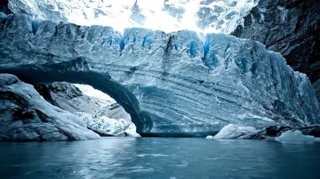 Dramatic glacial cave opening to frigid water, ice formations, blue glacier, beautiful ice landscape.