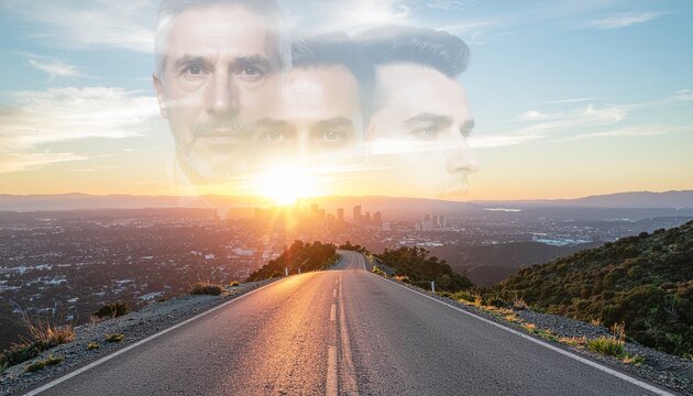 Route infinie au coucher de soleil avec visages d&rsquo;hommes en surimpression