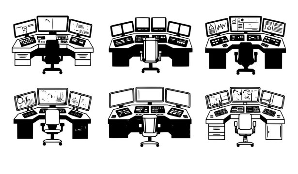 Control room operator workstation icon set with monitoring screens and consoles in flat style isolated on white background vector