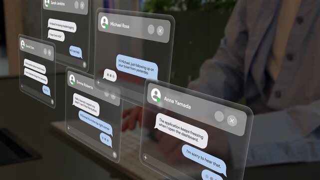 Busy customer support agent hands typing on keyboard with floating glassmorphism chat windows overlay for tech helpdesk and CRM communication concept.