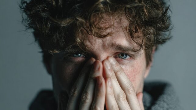 Young man covers face with hands showing emotions in a close-up shot taken in a dim room