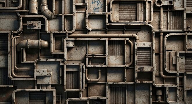 Intricate industrial pipes and structures, metallic textures, detailed design.