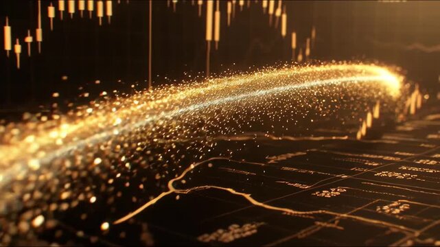 Golden glowing particle trails swirling over a dark financial chart background, concept of data flow and digital finance