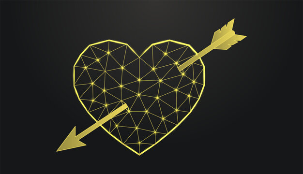 Low poly wireframe gold heart pierced by an arrow on dark background.