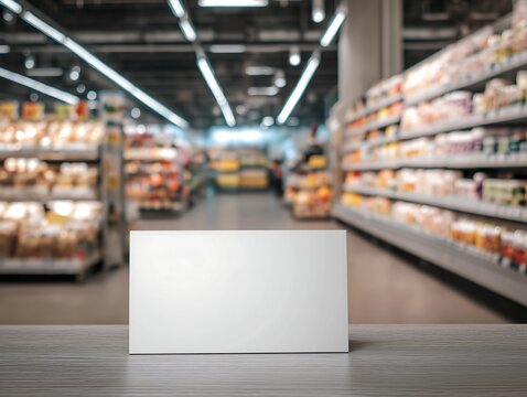 Blank White Shelf Talker Sign Mockup in Grocery Store Aisle