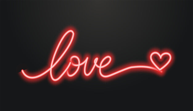 Neon love text and heart on dark background.