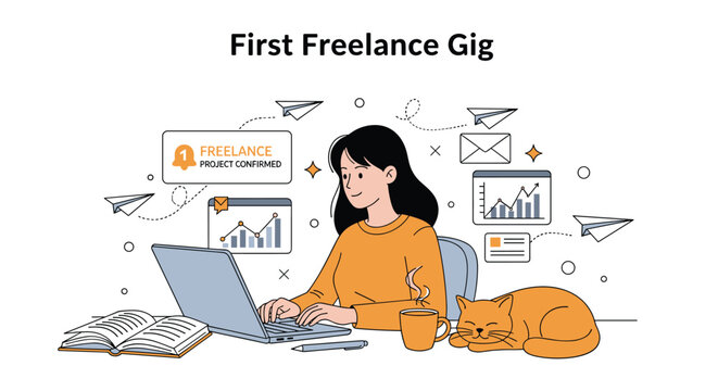 Dedicated freelance professional working on her first project from home with a laptop, books, coffee, and a sleeping cat for companionship.