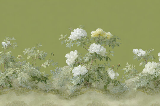 Floral background wallpaper &ndash; white peony-style flowers and greenery on olive green backdrop