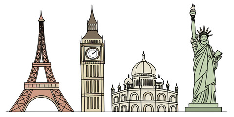 Colorful collection of famous world landmarks: eiffel tower big ben taj mahal statue of liberty with travel destination cultural heritage line art famous places travel inspiration © ALEX ROSS