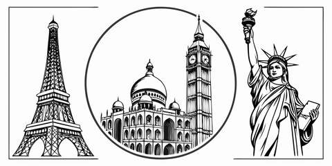 Iconic world landmarks collection: eiffel tower taj mahal big ben statue of liberty with black and white travel destination cultural heritage line art famous places travel inspirat © ALEX ROSS