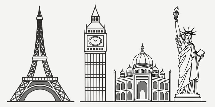 Famous landmarks silhouette line art: eiffel tower big ben taj mahal statue of liberty with travel destinations landmarks collection travel vector travel graphic trip planning