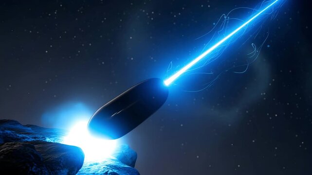 Futuristic spaceship launching with blue energy beam in space 4K Ai HD high quality video.