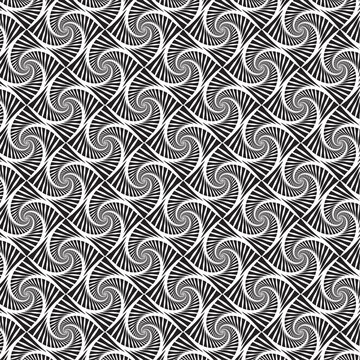 Seamless abstract spiral pattern creating dynamic optical illusion effect in black and white, perfect for backgrounds, textiles, and modern design projects.