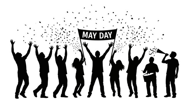 May Day celebration, people silhouettes, protest signs, confetti, black vector icons set