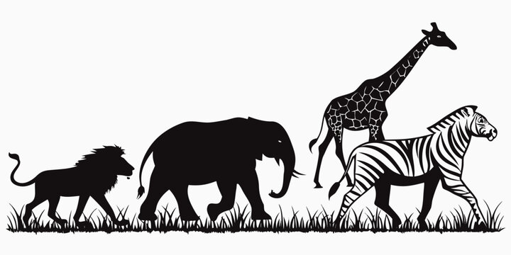 Silhouette of african safari animals walking in grass lion elephant giraffe zebra with safari park animal kingdom black and white line art silhouette elephant wildlife predator