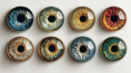 Fototapeta premium Collection of different colored artificial eye lenses on a flat surface arranged in two rows