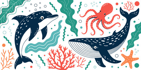 Colorful hand drawn underwater scene with whales dolphins octopus and coral reef elements starfish underwater wildlife colorful illustration creatures environment nautical © ALEX ROSS