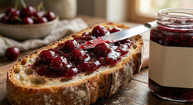 xtreme close-up of a thick slice of sourdough bread being spread with glossy red cherry jam. The texture of the bread and the shine of the jam are highly detailed. Soft-focus kitchen background.