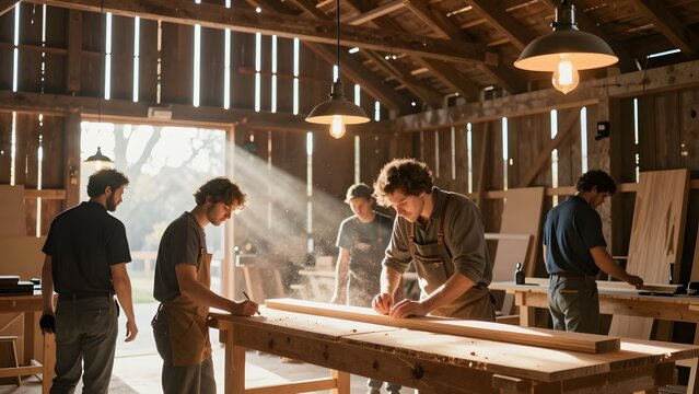 6. A warm workshop scene in an old wooden barn where shafts of hazy afternoon sunlight pierce through gaps in the timber walls and blend with the industrial glow of hanging incandescent work lights ab