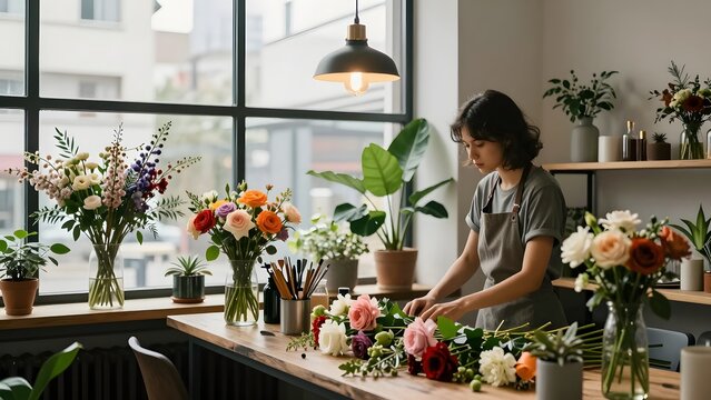 29. A florist workshop at morning where cool diffused daylight through a large north-facing window blends gently with the warm incandescent glow of an overhead pendant above a worktable strewn with fr