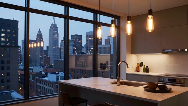 72. A New York loft at night where the cool blue-white glow of the cityscape through steel-framed windows blends with the warm amber of a series of warm Edison pendant lights over a kitchen island, ur