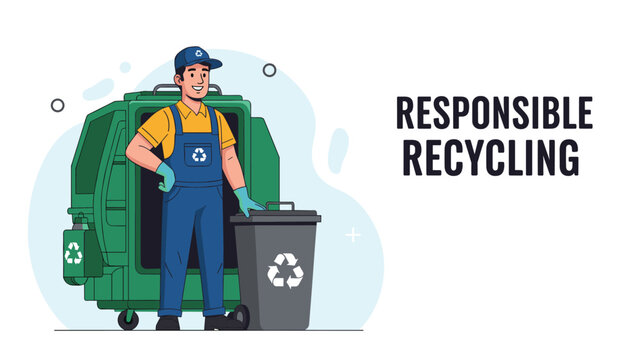 Responsible recycling worker in uniform stands next to a large green bin and a grey trash can with recycling symbols.