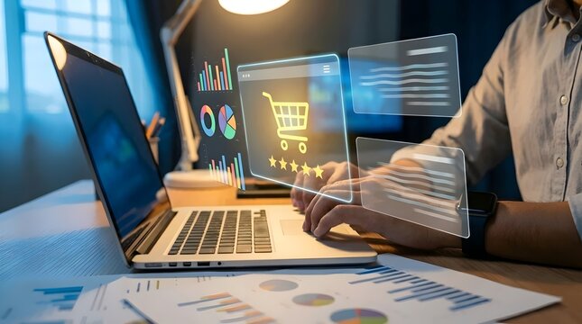 Person working on laptop with digital shopping cart and analytics dashboard hologram, e-commerce sales data and online retail strategy concept in corporate office