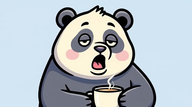 Cartoon panda bear enjoying a hot beverage in a mug