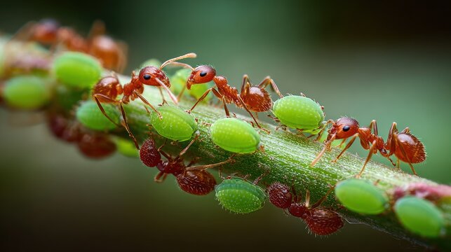 Red ants on green aphid colony.