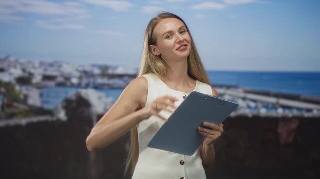 Woman holding clipboard points hand forward in studio while smiling and beckoning; welcoming invitation.