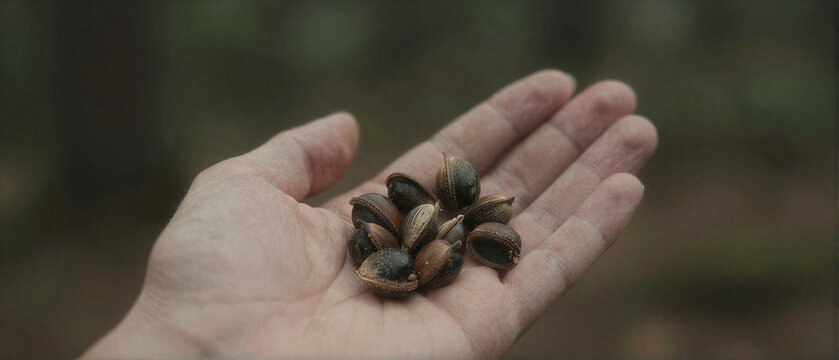 hand holding handful of piones araucaria seeds with forest background