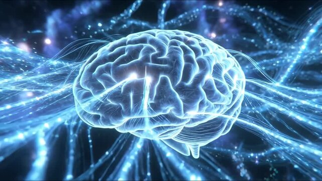 Glowing human brain shown in luminous style on dark cosmic background, illustrating concept of intelligence and neural energy