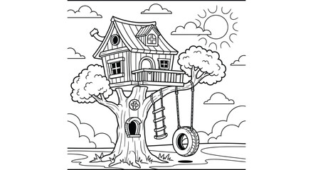 Fototapeta premium Charming treehouse illustration with sun and swing black and white silhouette