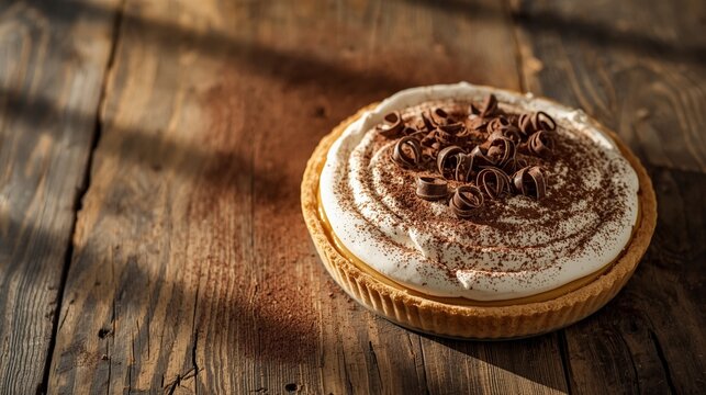 A whole banoffee pie on a rustic wooden table, topped with cocoa powder and chocolate curls, soft natural lighting.