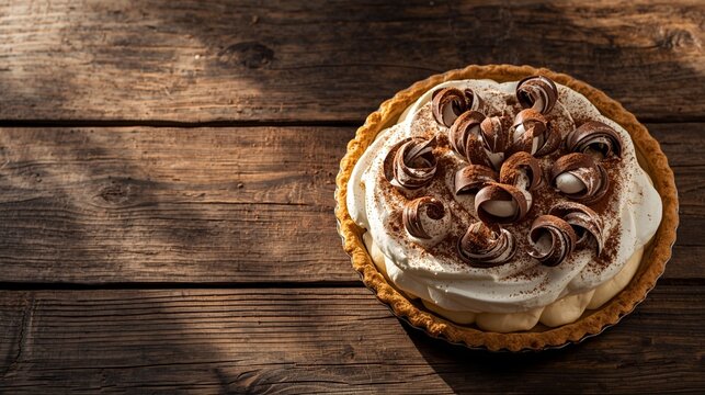 A whole banoffee pie on a rustic wooden table, topped with cocoa powder and chocolate curls, soft natural lighting.