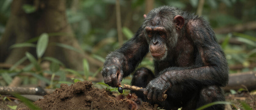 Chimpanzee using tool for termites