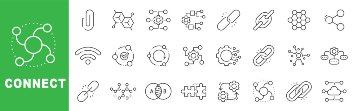 Connect outline icon set featuring network nodes, links, digital communication, global connectivity and technology structure symbols editable stroke line design