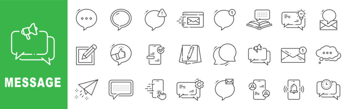 Message and communication outline icon set featuring chat bubbles, email inbox, notification alerts, voice messages, customer support, online messaging apps