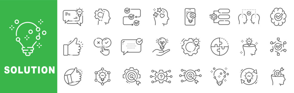 Solution outline icon set featuring problem solving, innovation, strategy, teamwork, workflow optimization, decision making and business consulting concepts in editable stroke line design