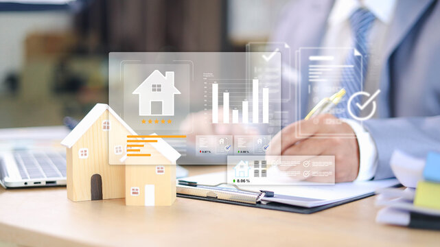 Real estate agent signing property contract with digital document overlay, showcasing home approval, mortgage agreement, and secure transaction in modern business environment.