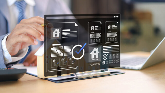 Real estate contract management with digital interface overlay, showing property approval, document verification, and secure transaction in modern business workflow.