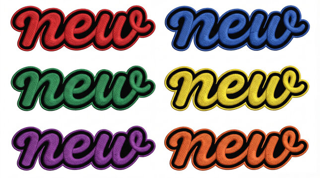 Multiple color embroidered new text set isolated on white background fabric stitch effect