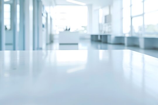 Unscharfer medizinischer Raum mit heller Oberfl&auml;che im Vordergrund und minimalistischem Design