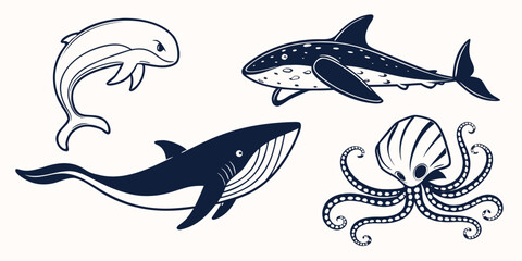 Stylized marine animals collection with dark blue black and white marine life animal illustration sea creatures illustration dolphin illustration whale illustration shark illustr © arshad