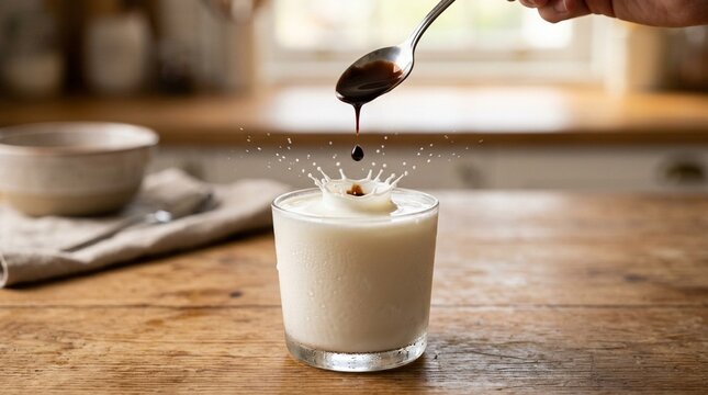 Chocolate Syrup Drop Splash Crown in Glass of Cold Milk