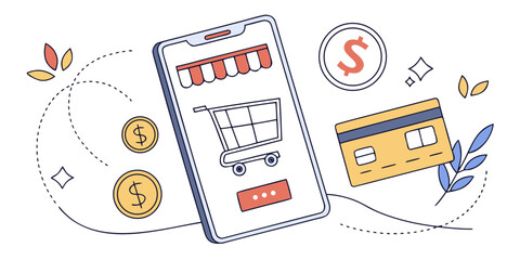 Mobile storefront and online shopping with e-commerce shopping cart credit card payment digital coins illustration e commerce mobile app web store internet shopping purchase © arshad